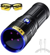 Handheld UV flashlight with blue illuminated end, yellow safety glasses, and USB charging cable. Flashlight features multiple LED lights and a textured grip.