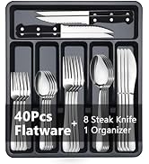 BEWOS 49-Piece Silverware Set with Organizer - Stainless Steel Silverware Set with 5 Compartment ...