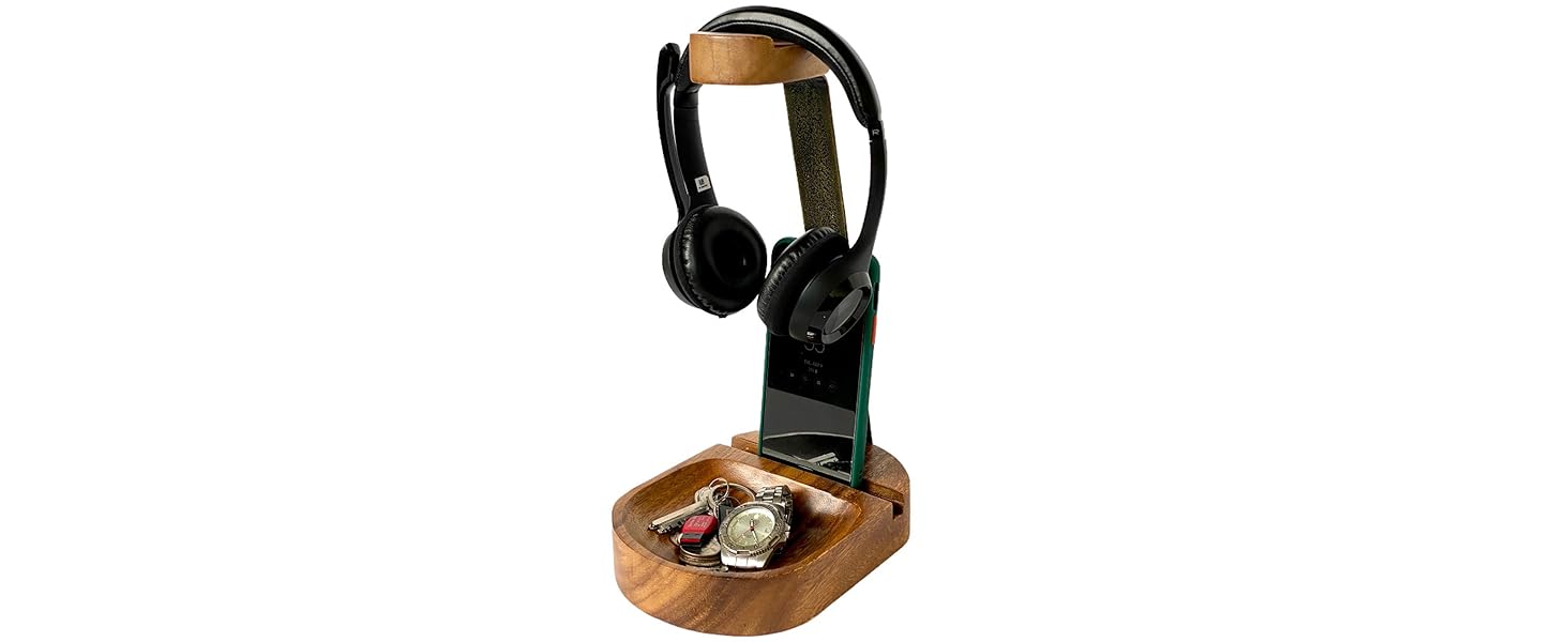 Soporte de auriculares y cellular wood headset iPhone stand holder desk organizer accessory tray