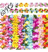 Moon Boat 60 Pieces Hawaiian Luau Leis - Tropical Tiki Hibiscus Flowers for Summer Pool Party Fav...