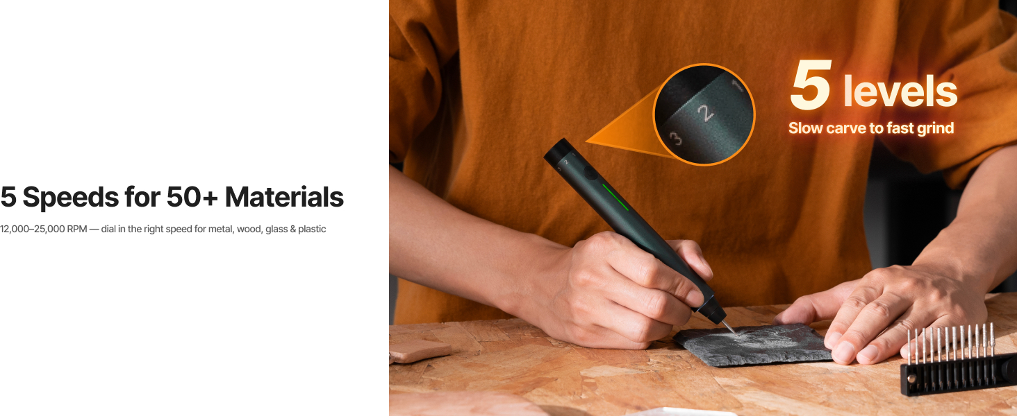 Close-up of the engraving pen 5-bar LED speed indicator while engraving lettering into steel blade.