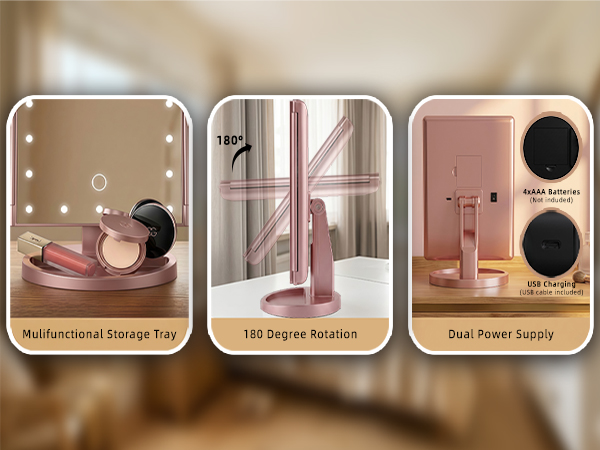 Tri-fold vanity mirror with storage base, 180-degree rotation and dual power supply.