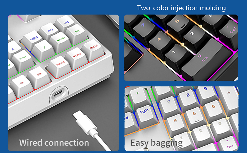 Text reads 'Image 4', 'Two color injection molding', 'Wired connection', 'Easy bagging'. Four-panel keyboard product image showing white keycaps with RGB lighting and connection features.