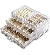 Frebeauty Acrylic Jewelry Box 4 Drawers,Clear Jewelry Organizer Velvet Rings Necklaces Earring Br...