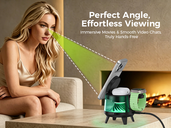 Adjustable angle wireless charger, hands-free viewing for movies and video calls with ambient light