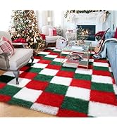 KICMOR Living Room Christmas Rugs 6x9, Large Fluffy Soft Red Green White Checkered Area Rug Big F...