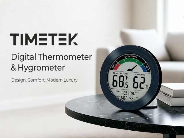 TIMETEK Digital Thermometer Hygrometer on a table in a living room
