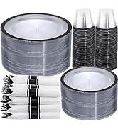I00000 350 Pcs Clear and Black Plastic Plates, Black Dinnerware Set, Include 50 Dinner Plates 10....