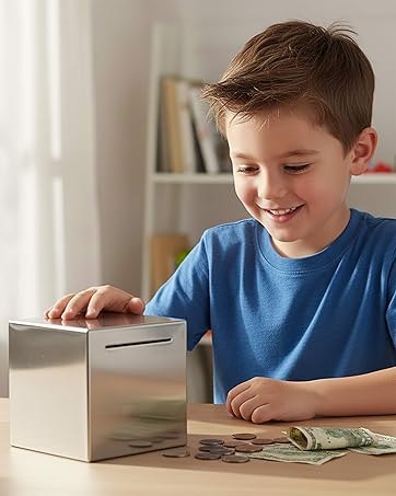 The kids happily looks at the silver stainless steel piggy bank on the table