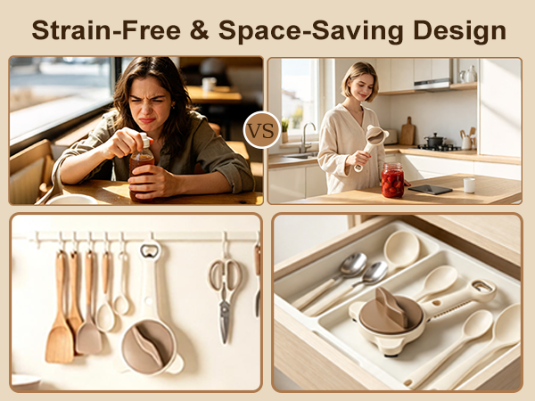 Ergonomic jar opener, effortless to use, hangable or storable in drawers.
