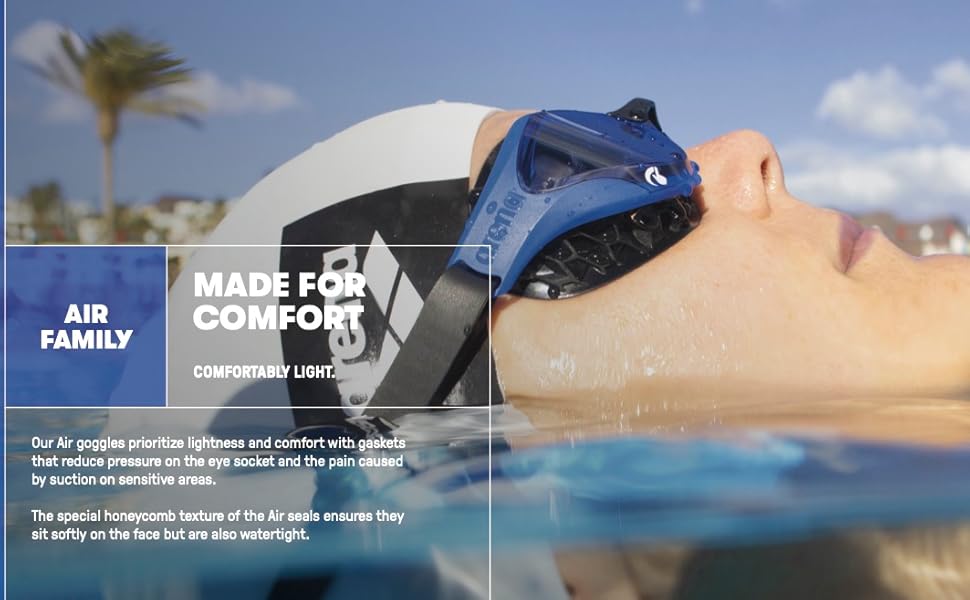 closeup of woman wearing arena Air Bold Swipe Goggles in the pool perfect for swim practice