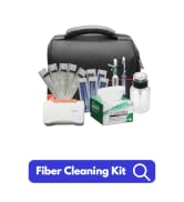 Fiber optic cleaning kit with black case, various cleaning tools, wipes, and solution bottles. Text below reads 'Fiber Cleaning Kit'.