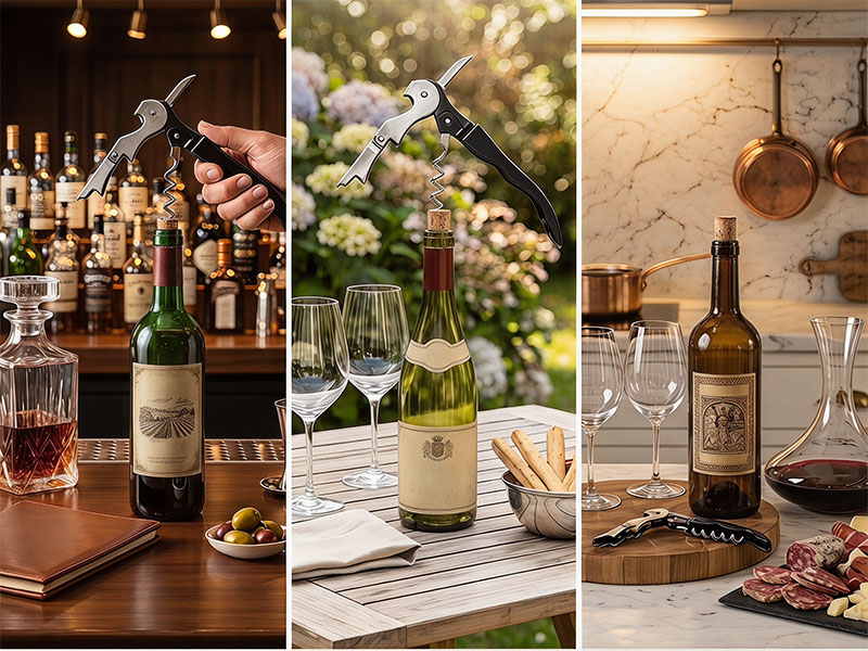Waiter's corkscrew used in home bar, garden party and kitchen settings