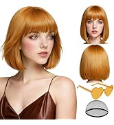 PLULON Orange Brown Short Bob Wig with Bangs for Women, Colorful Neon Short Bob Synthetic Hair Wi...