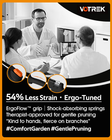 Text reads 'TREK, 54% Less Strain - Ergo-Tuned, Ergo-Flow grips | Shock-absorbing springs, Therapist-approved for gentle pruning *kind to hands, fierce on branches* #ComfortGarden #GentlePruning'