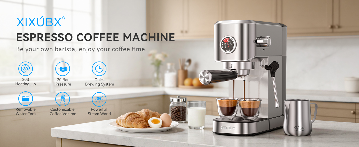 XIXUBX Espresso Machine 20 Bar 30s heating removable tank steam wand custom volume