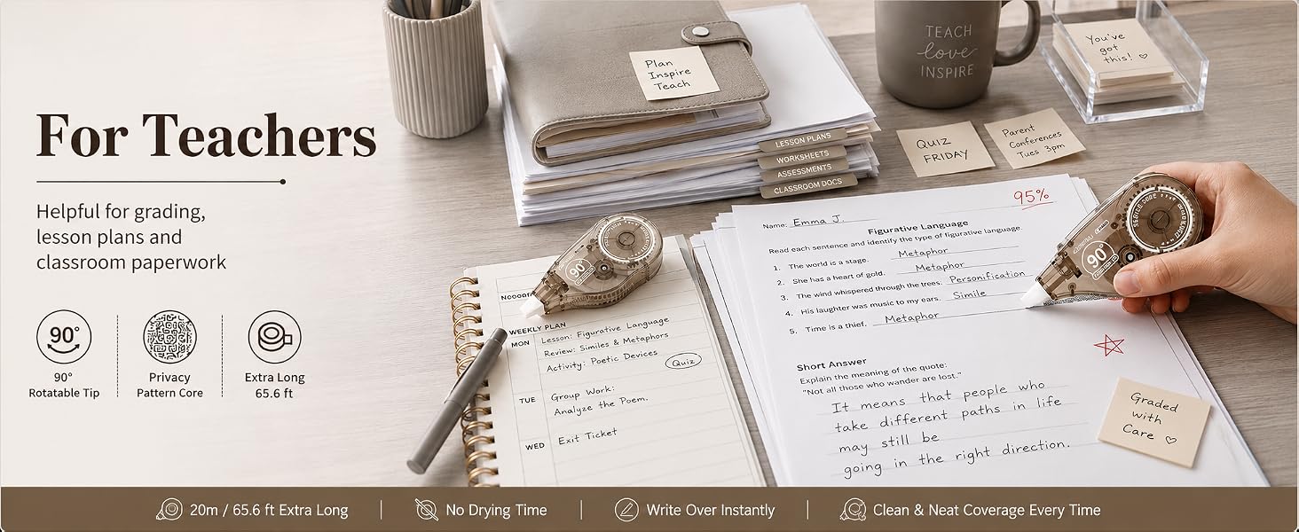 Teacher uses dry correction tape on grading papers, lesson plans and worksheets for cleaner edits.