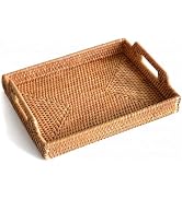 Rattan Serving Tray with Handles, Natural Woven Wicker Tray, Rattan Serving Rectangle Wicker Tray...