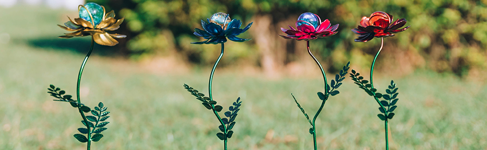 4 Packs Flower Garden Stakes Decor, Outdoor Waterproof Metal Flowers Stick