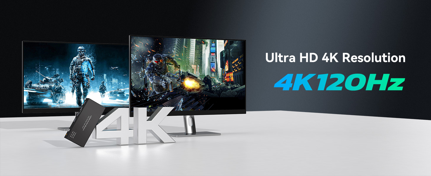 Gaming display promotional image showing '4K 120Hz' and 'Ultra HD 4K Resolution' text with gaming scenes and stylized 4K typography.