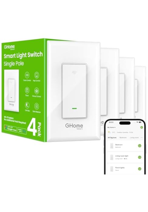 GHome Smart Switches for Lights, Single Pole WiFi, Works with Alexa, 4 Pack | Google Home Compati...