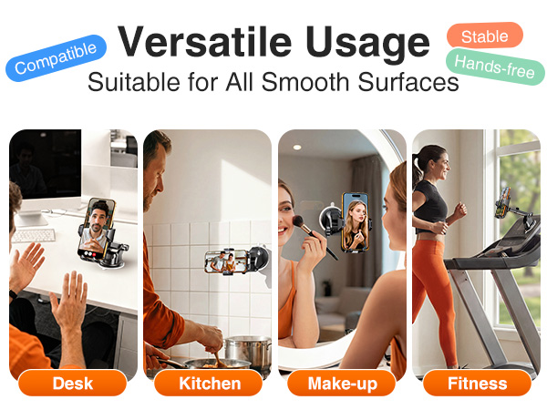 Text reads 'Versatile Usage' and 'Suitable for All Smooth Surfaces'. Blue squeegee tool with four usage location icons: Desk, Kitchen, Make-up, Fitness showing application scenarios.