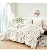 PERFEMET Girls Comforter Set Twin Size Beige Cream 5 Pieces Boho Pom Pom Bed in A Bag with Sheets...