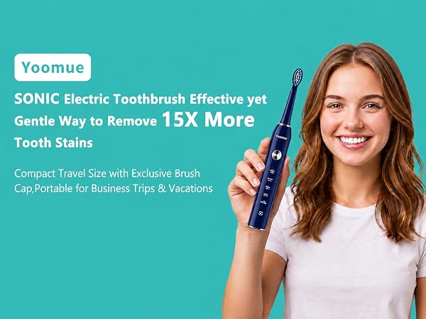 Text reads 'Veamm' and 'SONIC Electric Toothbrush Effective yet Gentle Way to Remove 15X More Tooth Stains' and 'Compact Travel Size with Exclusive Brush Cap Protector for Business Trips & Vacations.' Woman in white shirt holding white electric toothbrush against turquoise background.