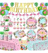 Flamingo Birthday Decorations - 193Pcs Tropical Luau Hawaiian Themed Banner Tableware Balloons Se...