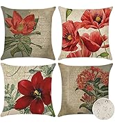 Artscope Set of 4 Decorative Throw Pillow Covers 18x18 Inches, Vintage Red Flower Pattern Waterpr...