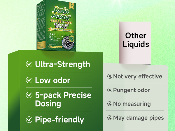 our brand drain master: ultra-strenght, low odor, 5-pack precise dosing, pipe-friendly