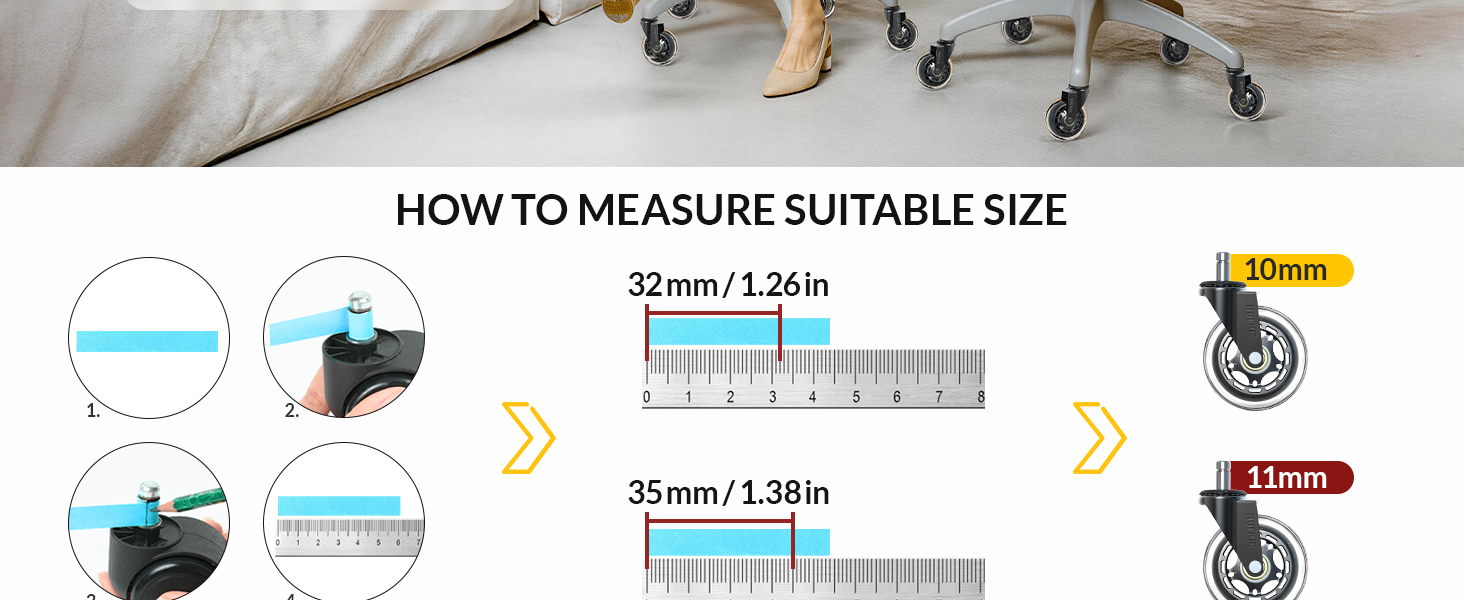 Office Chair Wheels - Universal Fit 3 Inch Roller Blade Casters - Safe for Hardwood Carpet Floors