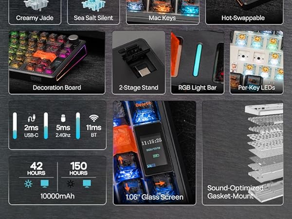Text shows 'Creamy Jade', 'Mini Pool', 'Hot Spring/Ice'. Product interface displaying multiple modes with illuminated blue lighting effects and technical specifications including '42mins' and '10000mAh'.