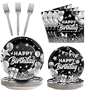 96 PCS Black and White Silver Happy Birthday Party Decorations Birthday Party Tableware Set Confe...