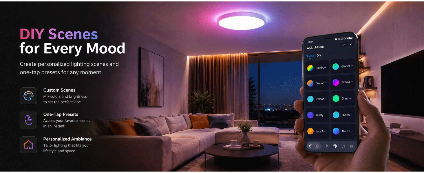 WULILI Smart RGB Ceiling Light with DIY scenes and personalized ambient lighting