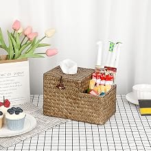 Square Tissue Box holder with side storage bin for Dining Table