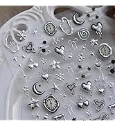 NBNTGH Silver Nail Art Stickers Heart Star Nail Decals with Metal Design 5D Embossed Self Adhesiv...