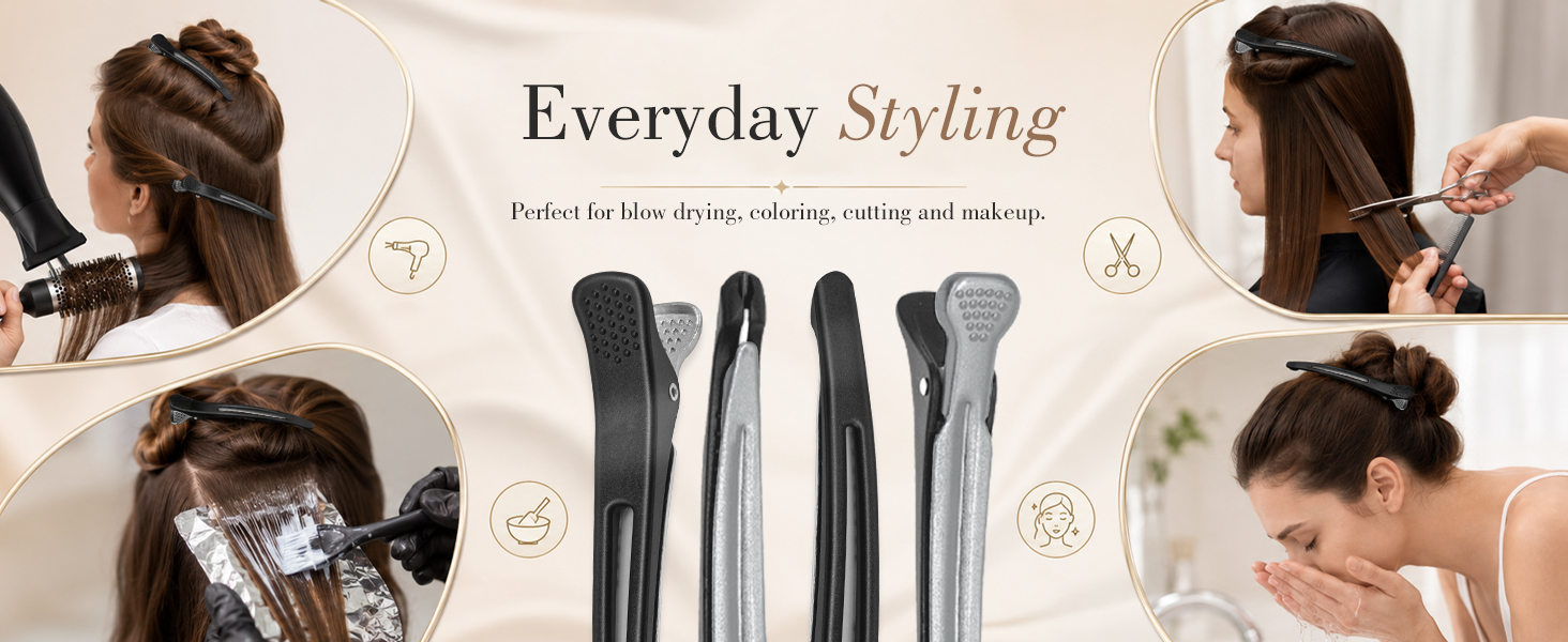 Hair sectioning clips for blow drying, coloring, cutting and makeup.