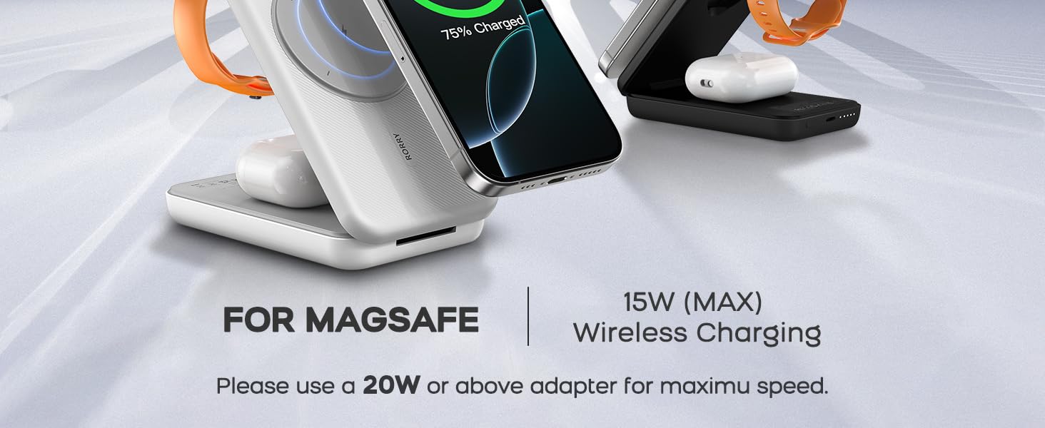 RORRY Portable Charger, 3-in-1 Charging Station 10000mAh Portable Charger Power Bank for MagSafe
