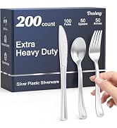 Dealusy 200 Count Heavy Duty Silver Plastic Silverware, 100 Forks, 50 Spoons, 50 Knives, BPA-Free...