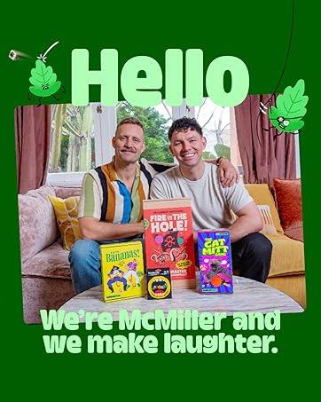 Green-themed advertisement with 'Hello' text and cartoon leaf decorations. Coffee table displays colorful product boxes.