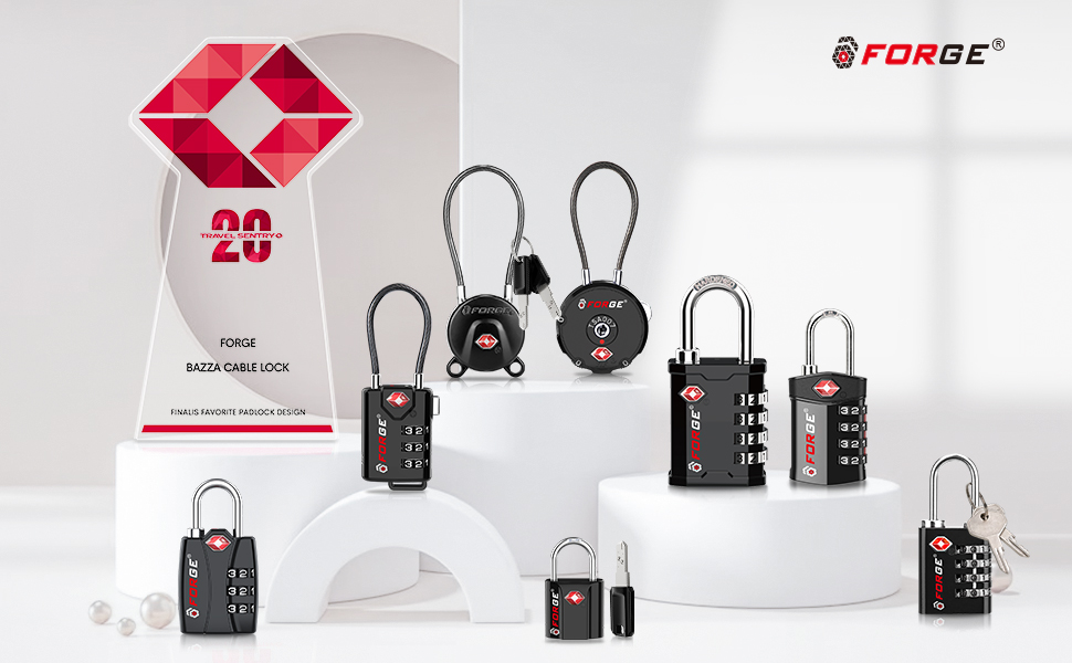 Forge TSA locks displayed in 8 models, combination and key locks, with an award-winning design.