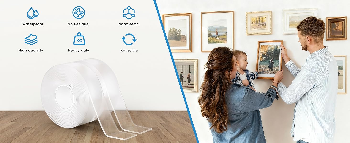 Double Sided Tape Heavy Duty, Nano Double Sided Adhesive Tape, Clear Mounting Tape Picture Hanging