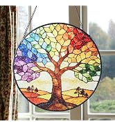 SITUMEIZI Stained Glass Window Hanging, Colorful Tree of Life Glass Panel Suncatcher, Window Deco...
