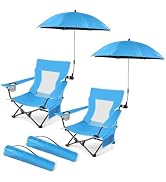 HaSteeL Low Beach Chair Set of 2, Foldable Blue Camping Chair with Adjustable Umbrella Set for Ad...
