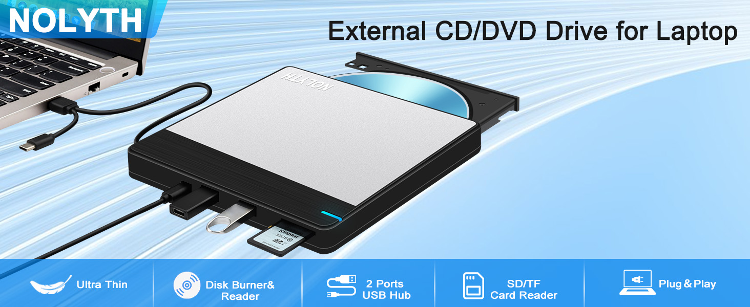 NOLYTH external CD/DVD drive for MacBook offers USB 3.0 and USB-C cable, 1 SD/TF and 2 USB ports.
