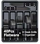 BEWOS 49-Piece Black Silverware Set with Organizer - Stainless Steel Silverware Set for 8 with St...