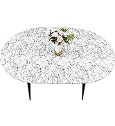 LIBERECOO Oval Tablecloth Vinyl Fitted Elastic Edge with Flannel Backing -White Marble Pattern - ...