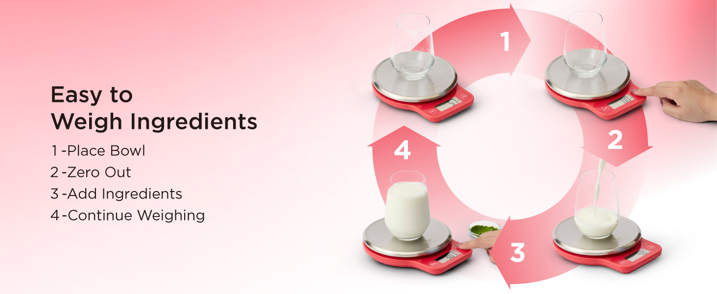Digital kitchen scale with tare function for weighing multiple ingredient step by step during baking