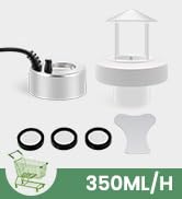 Diagram of a white device with a flow rate of 350ML/H, featuring a house-shaped component and three black circular elements.